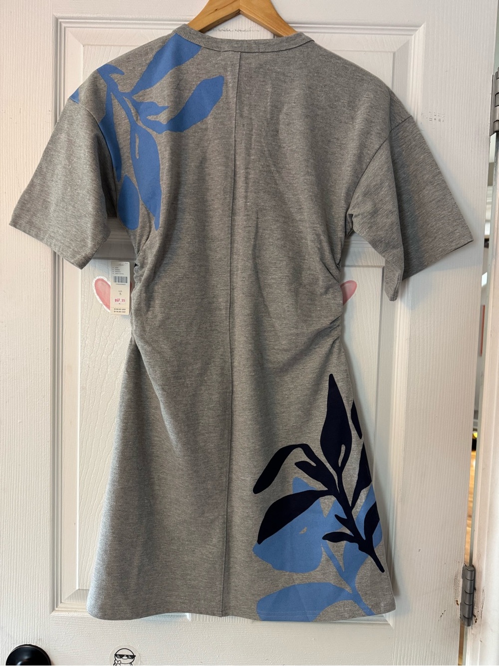 Anthropologie Grey Graphic Tee Dress with Blue & Yellow Leaf Print - Picture 2 of 6